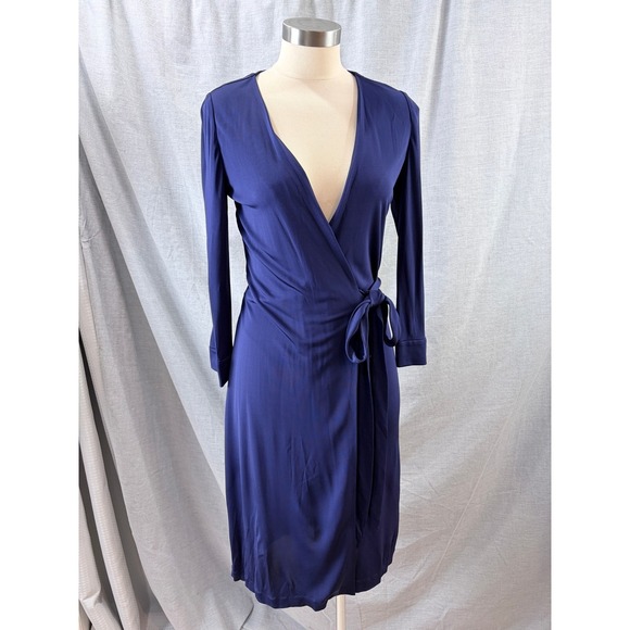 Diane von Furstenberg Navy Julian Wrap Dress 2 Long Sleeve Office Classic DVF - Picture 2 of 8